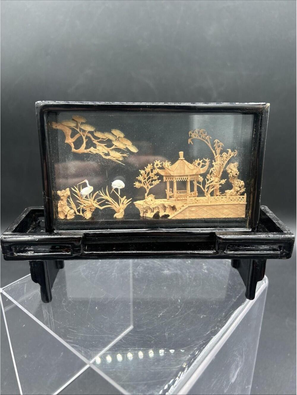 Vintage Chinese Cork Diorama Scenic Art in Glass Frame, Fujian China